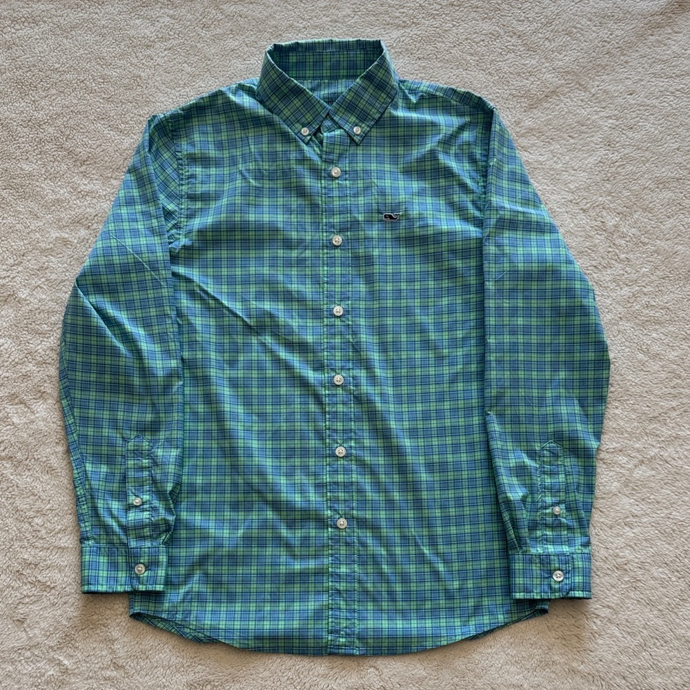 Vineyard Vines Blue and Green Checkered Performance Button Down Shirt